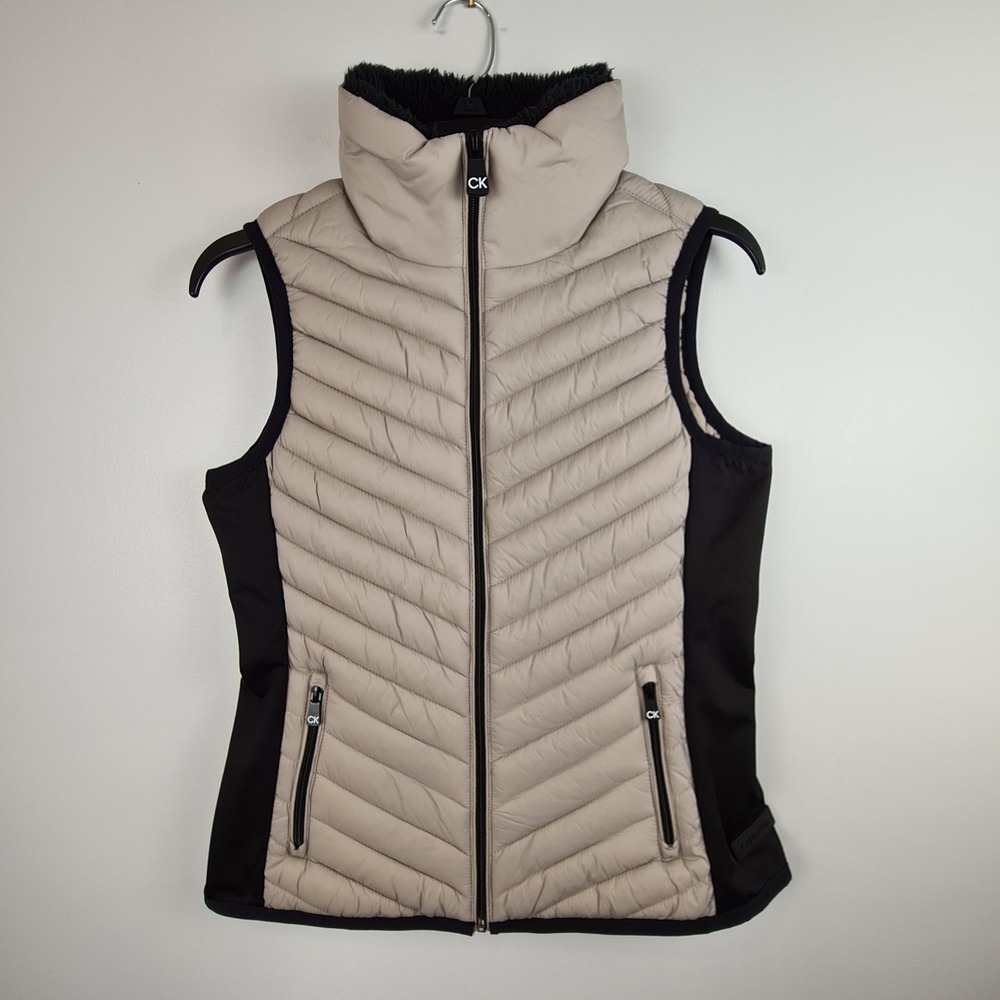 Calvin Klein Performance Womens XS Taupe Black Quilted Puffer Vest Full Zip